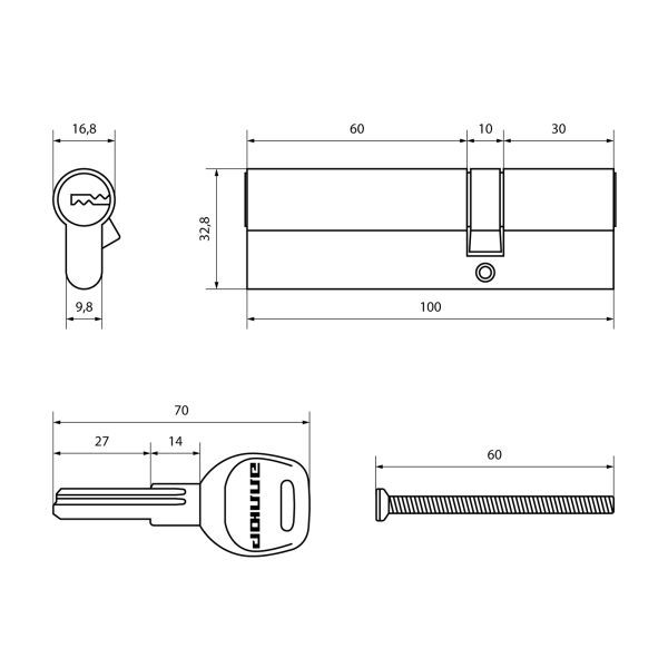АЛЛЮР HD F 100-5К BP[30x10x60] (35x65) латунь перф.кл БЛИСТЕР Цилиндровый механизм (60,5 Китай