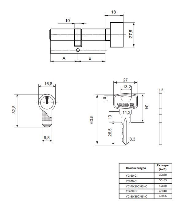 Цилиндровый механизм Vanger YC-70-C-CR