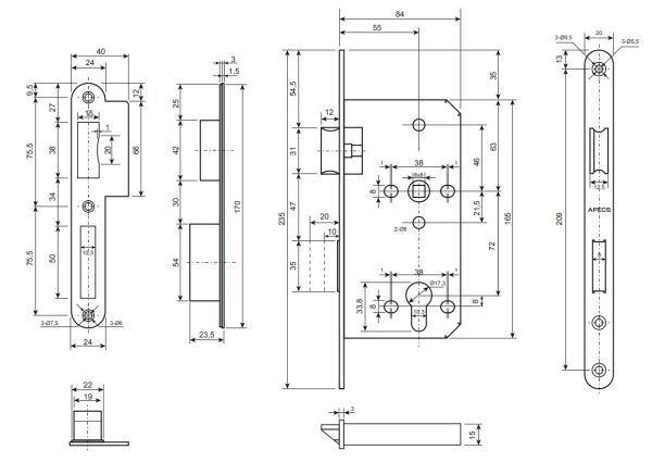 Замок врезной противопожарный Apecs 8300-INOX (B2B)