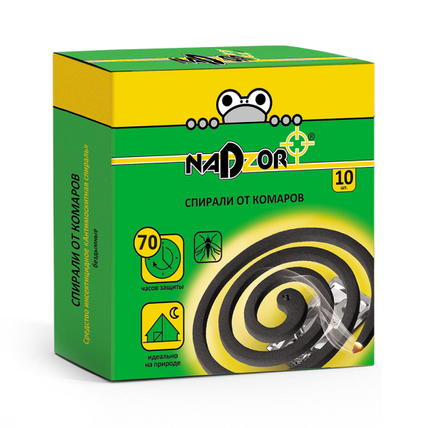 Спирали от комаров NADZOR малодымные без запаха черные 10штук в упаковке/60