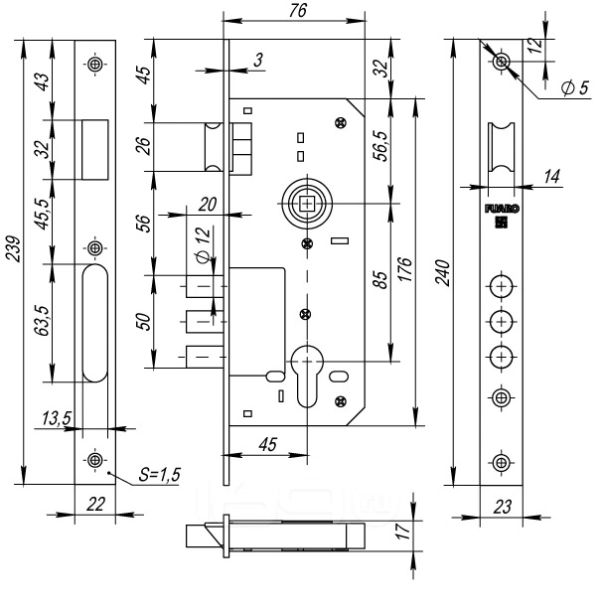 Корпус врезного замка с защёлкой DD900/C-45.85.3MR (900 3MR/CP W/B) CP хром Китай