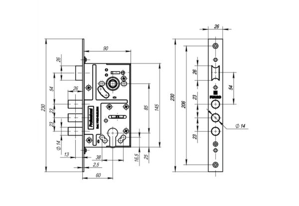 Корпус врезного замка c защёлкой MDV10/C-60.85.3R14