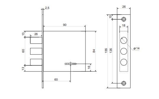 Замок врезной LS V47L BS60-CP