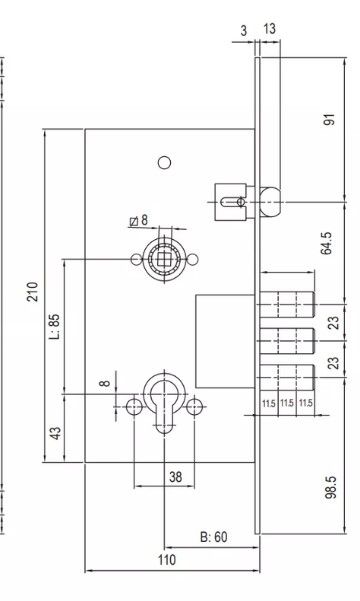 Замок врезной LS V252R 85BS60-CP