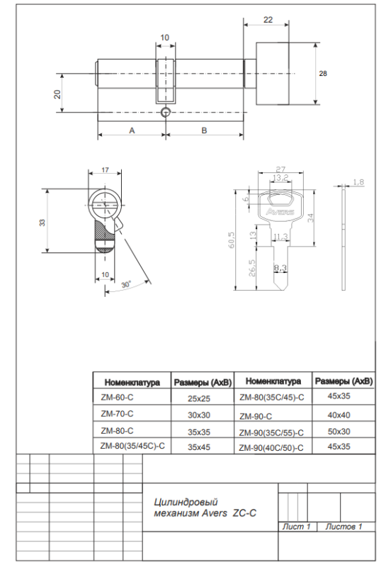 Цилиндровый механизм Avers ZC-70-CR
