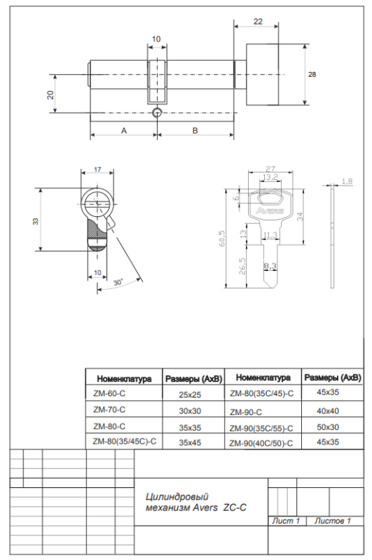 Цилиндровый механизм Avers ZC-70-C-CR