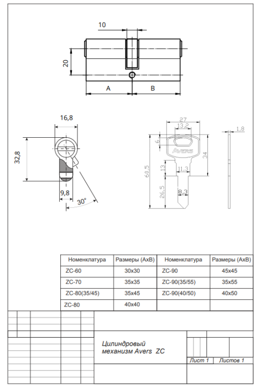 Цилиндровый механизм Avers ZC-60-AB Китай