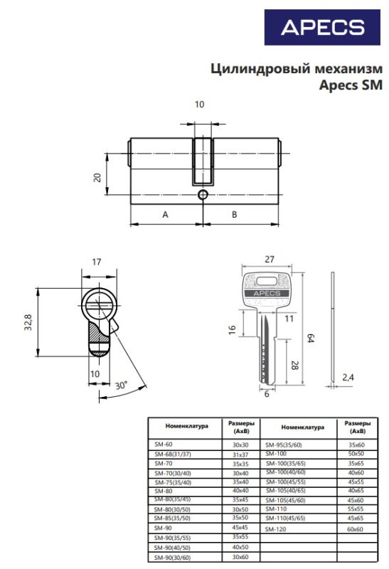 Цилиндровый механизм Аресs SM-70(30/40)-NI