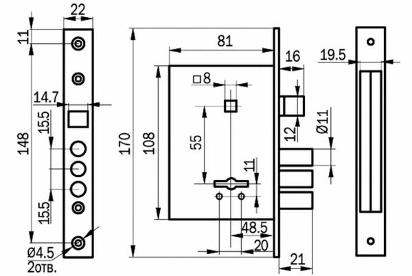Замок врезной 77311-ЗВ9-6/13 (КЛП-88)РФ61-002.ШЗ.У4(медь) без отв.планки РФ