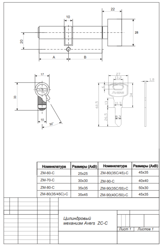 Цилиндровый механизм Avers ZC-60-C-AB