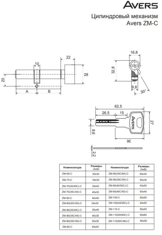 Цилиндровый механизм Avers ZM-120-C-CR Китай