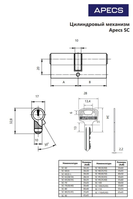Цилиндровый механизм Аресs SC-60-G Китай