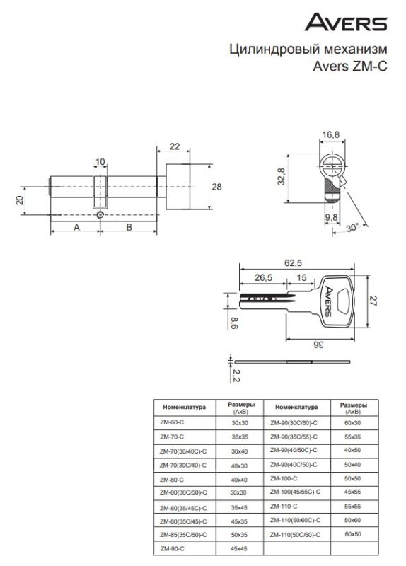 Цилиндровый механизм Avers ZM-100-C-CR Китай