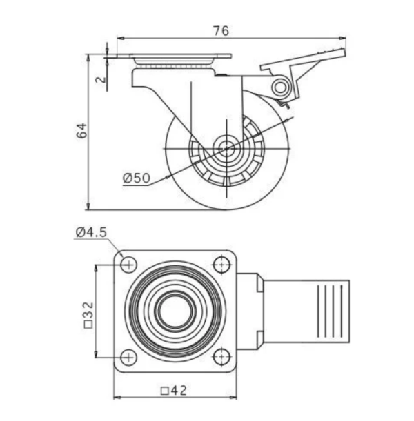 Колесо меб. Brasylia прозрачное d=50mm с тормозом KM-RD-50-CF
