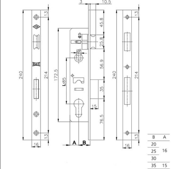 Корпус узкопрофильного замка с защёлкой 153/P (25 mm) w/b (хром)