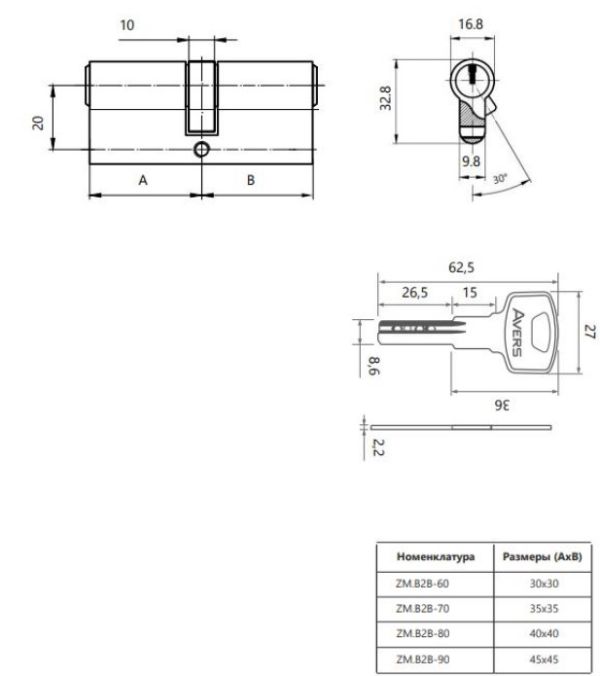 Цилиндровый механизм Avers ZM.B2B-60-CR