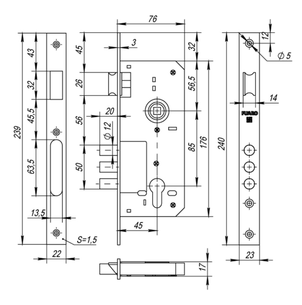 Корпус врезного замка с защёлкой DD900/C-45.85.3MR (900 3MR W/B) PB латунь